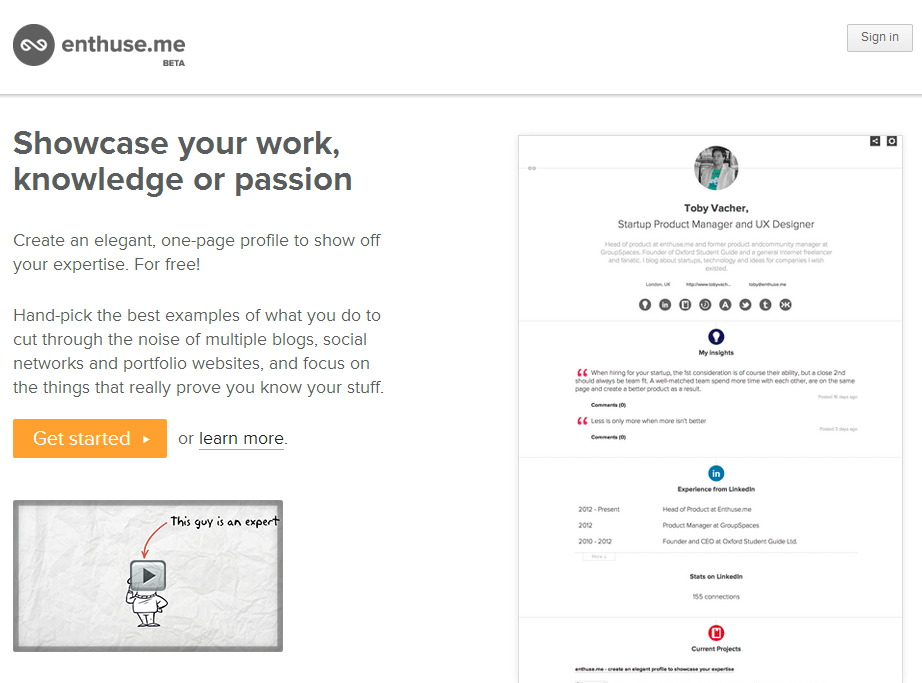enthuse.me - create an elegant profile to showcase your expertise